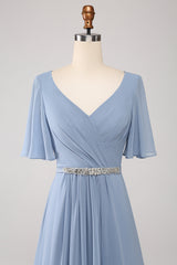 A-Line Chiffon Dusty Blue Long Bridesmaid Dress with Beaded Waist