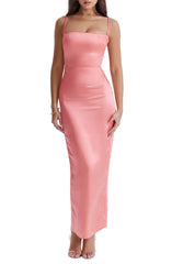 Elegant slim shoulder strap off shoulder satin long backless evening dress