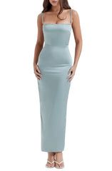 Elegant slim shoulder strap off shoulder satin long backless evening dress