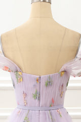 A Line Tulle Off Shoulder Lavender Prom Dress With Embroidered Flowers