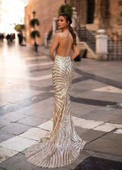 Aimishang Sexy Sheath Sweep Train V-neck Sequined Long Prom Dresses Charming Evening Party Dress