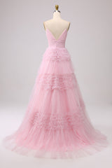 A Line Tulle Spaghetti Straps Sweetheart Prom Dress Floor Length With Slit