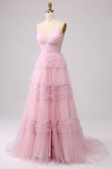 A Line Tulle Spaghetti Straps Sweetheart Prom Dress Floor Length With Slit