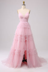 A Line Tulle Spaghetti Straps Sweetheart Prom Dress Floor Length With Slit