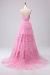 A Line Tulle Spaghetti Straps Sweetheart Prom Dress Floor Length With Slit