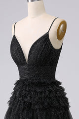 A Line Tulle Spaghetti Straps Sweetheart Prom Dress Floor Length With Slit