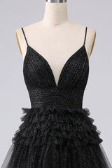 A Line Tulle Spaghetti Straps Sweetheart Prom Dress Floor Length With Slit