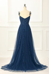 Navy Tulle A Line Corset Prom Dress With Appliques Floor Length Beautiful