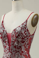 Mermaid Spaghetti Straps Burgundy Long Prom Dress with Bronzing Open Back Sparkly