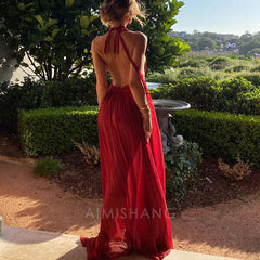 Aimishang Elegant Open Back V Neck Flowy Halter Long Prom Dress Sexy Evening Party Dress Fashion Women's Dresses