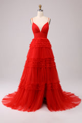 A Line Tulle Spaghetti Straps Sweetheart Prom Dress Floor Length With Slit