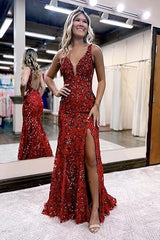 Women's Sparkly Sequin Mermaid Prom Dresses for Teens V Neck Long Formal Evening Party Dresses with Slit Wholesale