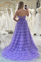 Purple A Line Cut Out Sweetheart Tiered Long Prom Dress With Slit Sexy