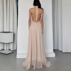 Aimishang Elegant Open Back V Neck Flowy Halter Long Prom Dress Sexy Evening Party Dress Fashion Women's Dresses