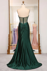 Dark Green Sweetheart Satin Mermaid Sleeveless Prom Dress Off Shoulder Sexy Evening Dress With Slit Wholesale