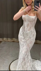 White Strapless Appliques Lace Mermaid Elegant Wedding Dress Floor Length Charming Wholesale