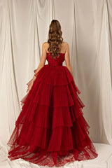 Burgundy Strapless Mermaid Sleeveless Layers Evening Dress Off Shoulder Prom Dress Wholesale