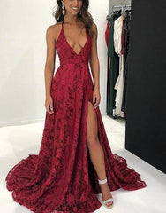 Elegant Lace Halter Neckline Chapel Train A-line Prom Dresses With Slit Evening Dress Wholesale