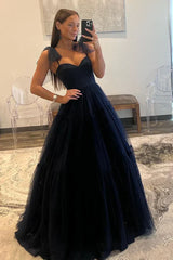 Sweetheart Navy Blue Tulle Long Prom Dress Sleeveless Floor Length Sexy Evening Dress