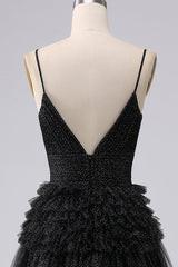 A Line Tulle Spaghetti Straps Sweetheart Prom Dress Floor Length With Slit