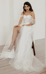 Bohemian A Line Sweetheart Sweep Train Wedding Dress with Split Front Off Shoulder
