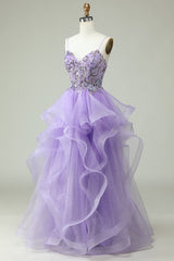 A Line Spaghetti Straps Purple Long Prom Dress with Appliques Beautiful