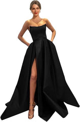 Womens Long Strapless Satin Prom Dress Sleeveless Slit Evening Ball Gown Off Shoulder Party Dress Wholesale