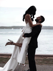 Unique Satin Strapless Floor-length Sheath Bridal Gowns Off Shoulder Wedding Dress With Bow