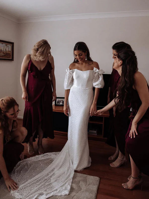 Chic Floral Lace Off-the-shoulder Sweep Train Sheath Wedding Dresses Elegant