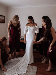 Chic Floral Lace Off-the-shoulder Sweep Train Sheath Wedding Dresses Elegant
