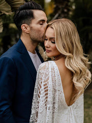 Wonderful Deep V-neck Lace Bat Sleeve Wedding Dresses With Sweep Train Sexy Charming