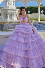 Lilac Ball Gown Evening Dress Sleeveless With Tulle Layered And Beads Prom Dress