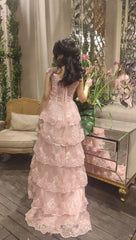 Aimishang Sweet Pink Strapls Lace Tiered Long Prom Dress Evening Gown Charming Wholesale