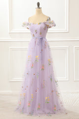 A Line Tulle Off Shoulder Lavender Prom Dress With Embroidered Flowers