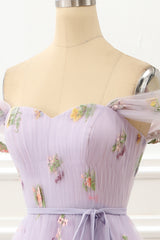 A Line Tulle Off Shoulder Lavender Prom Dress With Embroidered Flowers