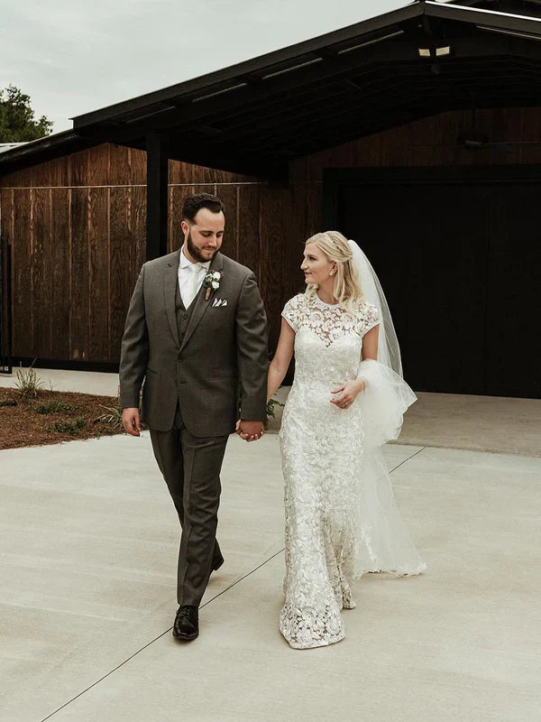 Vintage floral Lace Bateau Neckline Mermaid Wedding Dresses Charming Beautiful