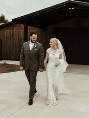 Vintage floral Lace Bateau Neckline Mermaid Wedding Dresses Charming Beautiful