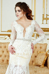 Elegant Long Sleeves V-Neck Mermaid Lace Wedding Dresses