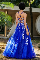 Aimishang Elegant Prom Dresses V-neck Evening Dress Applique Tulle Dress With Slit