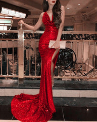 Halter Neck Long Sequin Mermaid Prom Dresses Leg Split