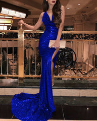 Halter Neck Long Sequin Mermaid Prom Dresses Leg Split