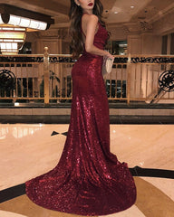 Halter Neck Long Sequin Mermaid Prom Dresses Leg Split