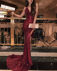 Halter Neck Long Sequin Mermaid Prom Dresses Leg Split