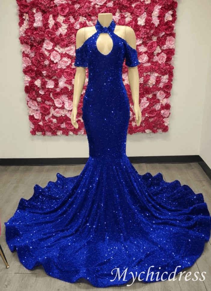 2024 Halter Royal Blue Long Prom Dresses Sequin Mermaid Evening Gown