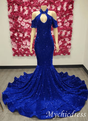 2024 Halter Royal Blue Long Prom Dresses Sequin Mermaid Evening Gown