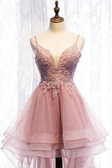 High Low Spaghetti Straps Tulle Homecoming Dresses with Appliques V Neck Prom Dresses Short