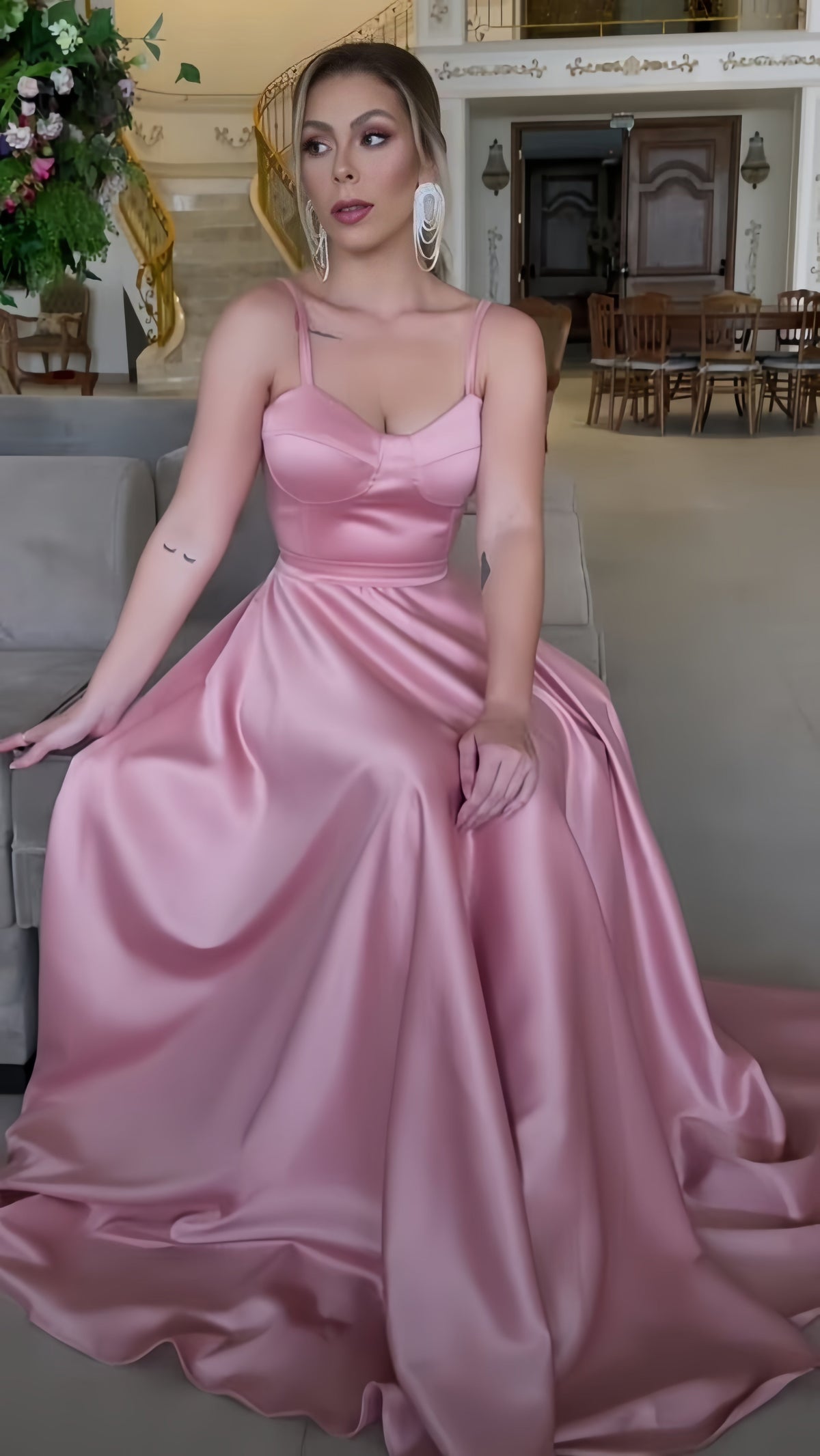 High Quality Light Pink Satin Prom Dress,AST1709