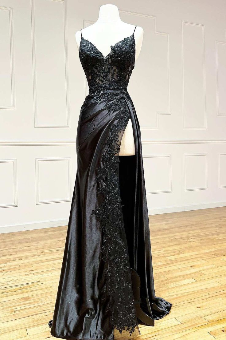 Hot 2024 Black Long Prom Dress Lace V Neck Formal Dresses A Line High split