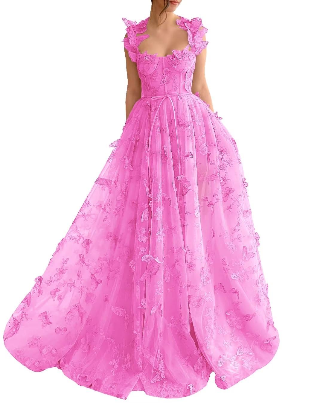 Long Tulle Prom Dress with 3D Butterflies Floor Length Formal Evening Party Gowns for Women