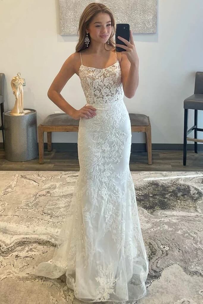 2024 White Lace Prom Dresses Square Neck Long Backless Mermaid Formal Dress UK